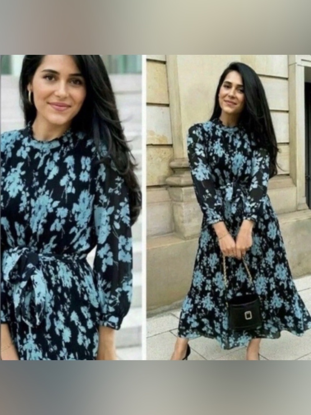 ZARA Blue & Black Floral Printed Pleated Maxi Dress Size S